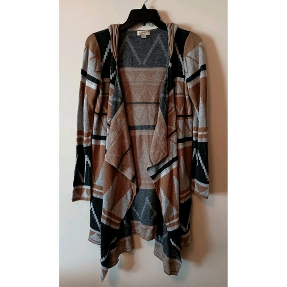 One World Black Tan Southwestern Print Open Front Hooded Cardigan Sweater Sz M - Picture 1 of 8